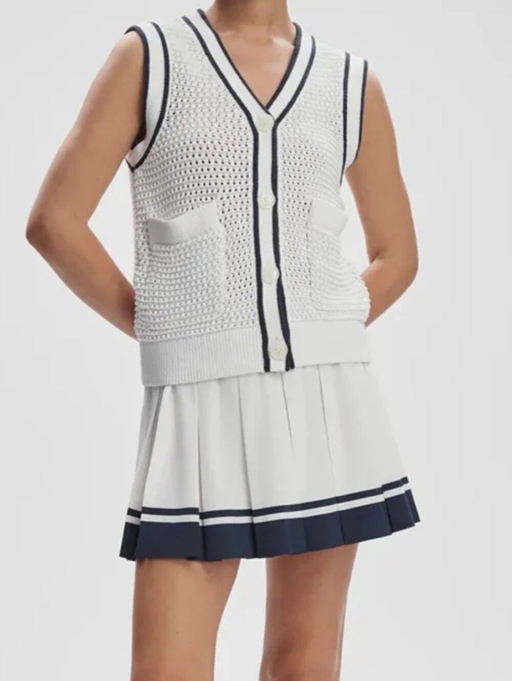 Varley | Open Court White Crochet Knit Button-Up Vest